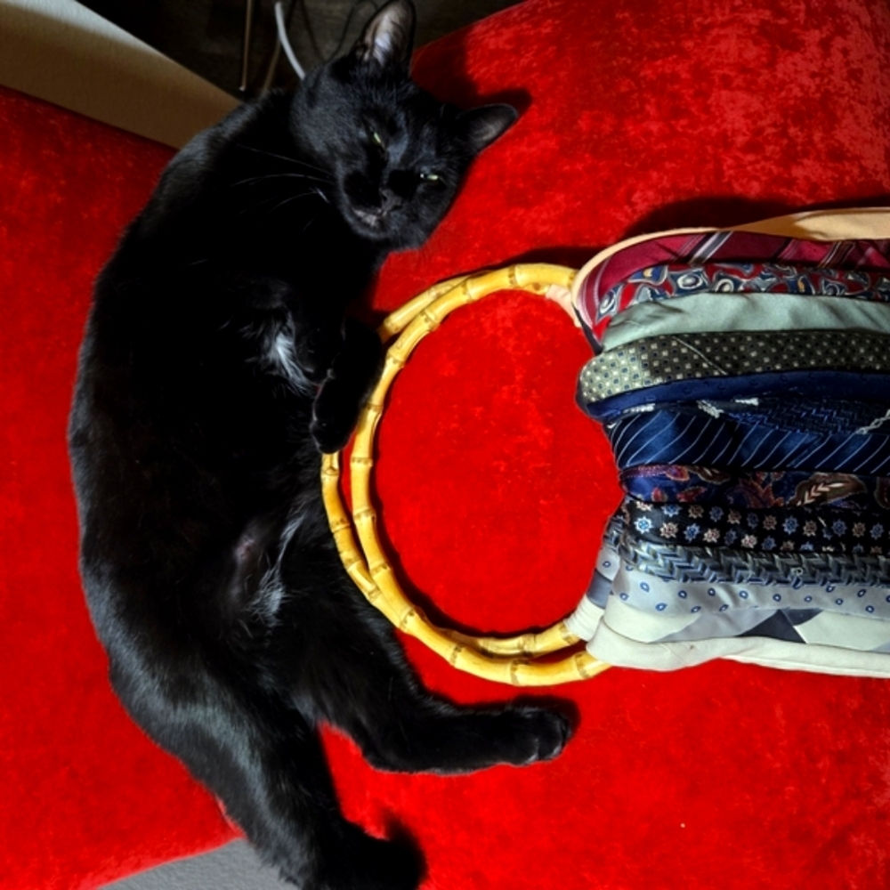 a. Neck Tie Patchwork Upcyled Handbag w/ Bamboo Hoop Handles BOHO BADU FABULOUS - Picture 12 of 15